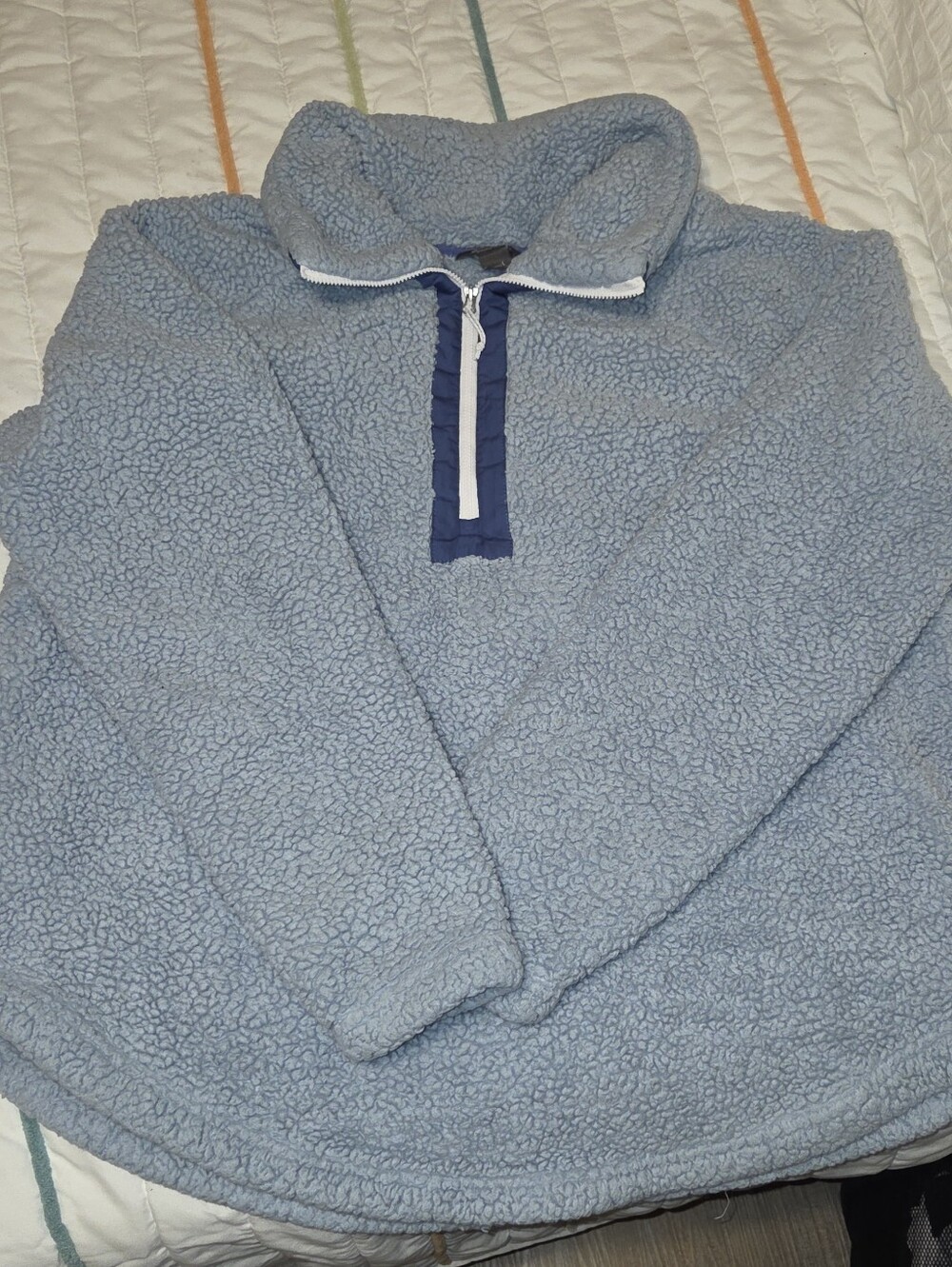 Eddie Bauer Light Blue Sherpa Half-Zip Pullover with Navy Trim